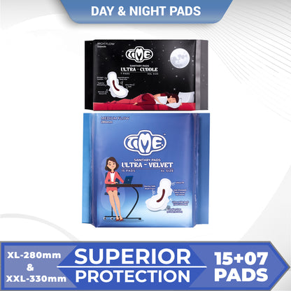 Time Ultra Velvet XL + Ultra Cuddle XXL Sanitary Pads (1 pack each) | Cottony Top Sheet | Rash Free | All Night Comfort | Leak guard