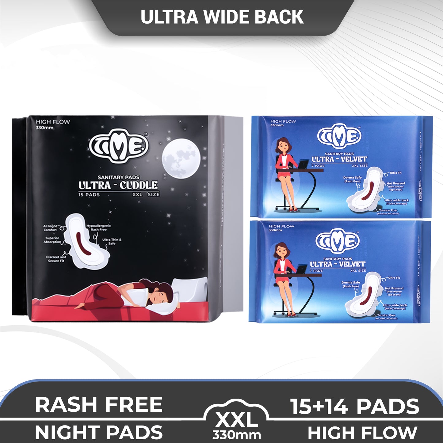 Time Ultra Velvet XXL + Ultra Cuddle XXL Sanitary Pads (Pack of 3) | Cottony Top Sheet | Rash Free | All Night Comfort | Leak guard