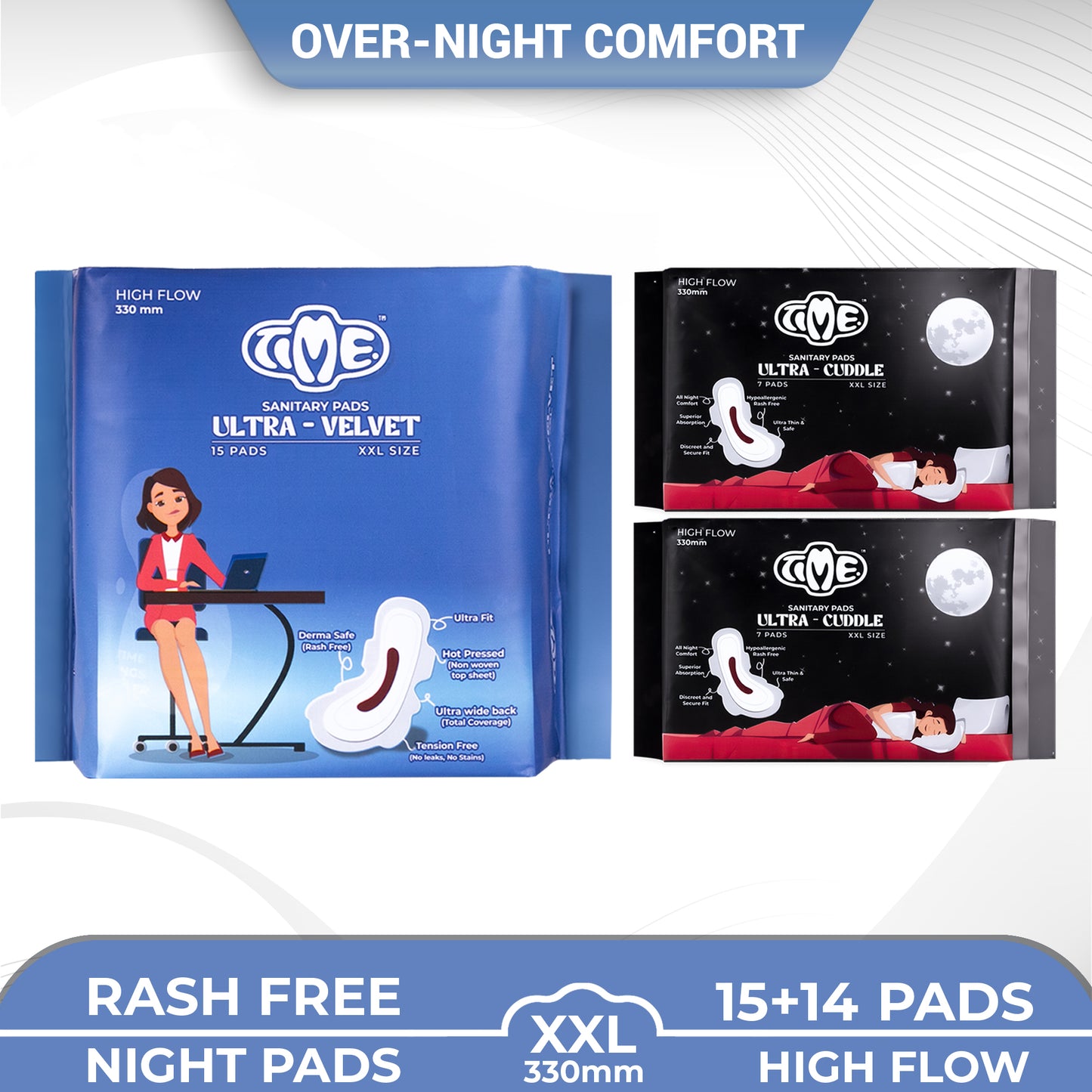 Time Ultra Velvet XXL + Ultra Cuddle XXL Sanitary Pads (Pack of 3) | Cottony Top Sheet | Rash Free | All Night Comfort | Leak guard