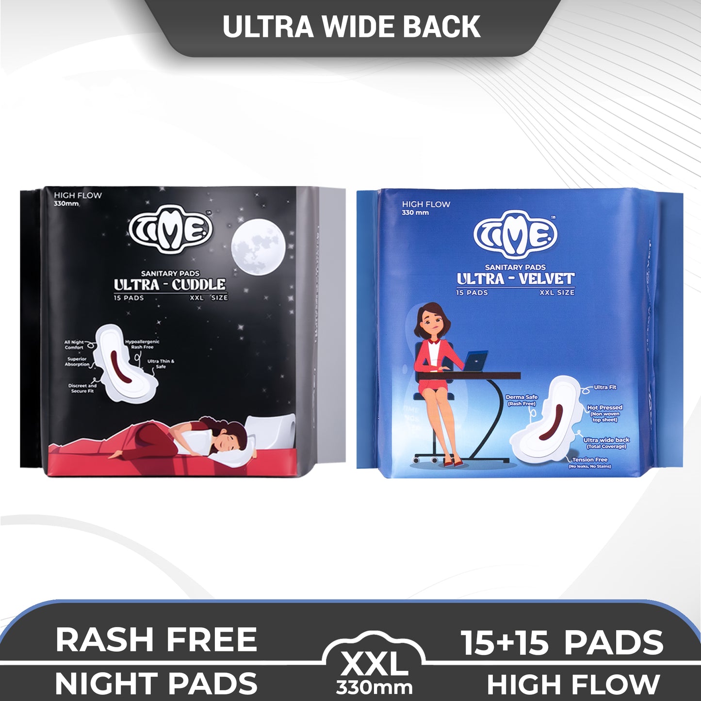 Time Ultra Velvet XXL + Ultra Cuddle XXL Sanitary Pads (1 pack each) | Cottony Top Sheet | Rash Free | All Night Comfort | Leak guard