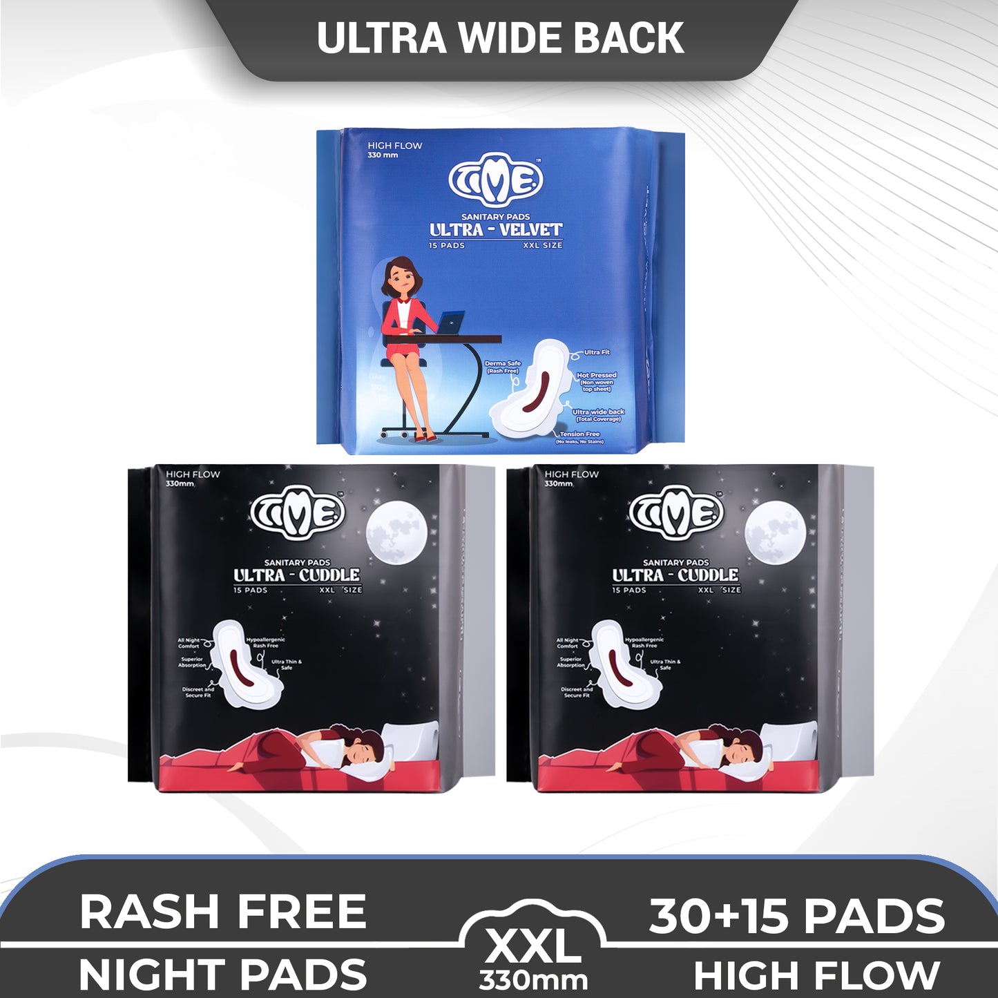 Time Ultra Velvet XXL + Ultra Cuddle XXL Sanitary Pads (pack of 3) | Cottony Top Sheet | Rash Free | All Night Comfort | Leak guard