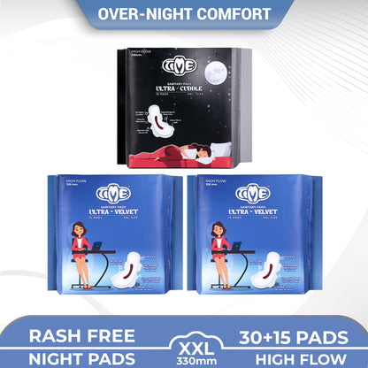 Time Ultra Velvet XXL + Ultra Cuddle XXL Sanitary Pads (Pack of 3) | Cottony Top Sheet | Rash Free | All Night Comfort | Leak guard