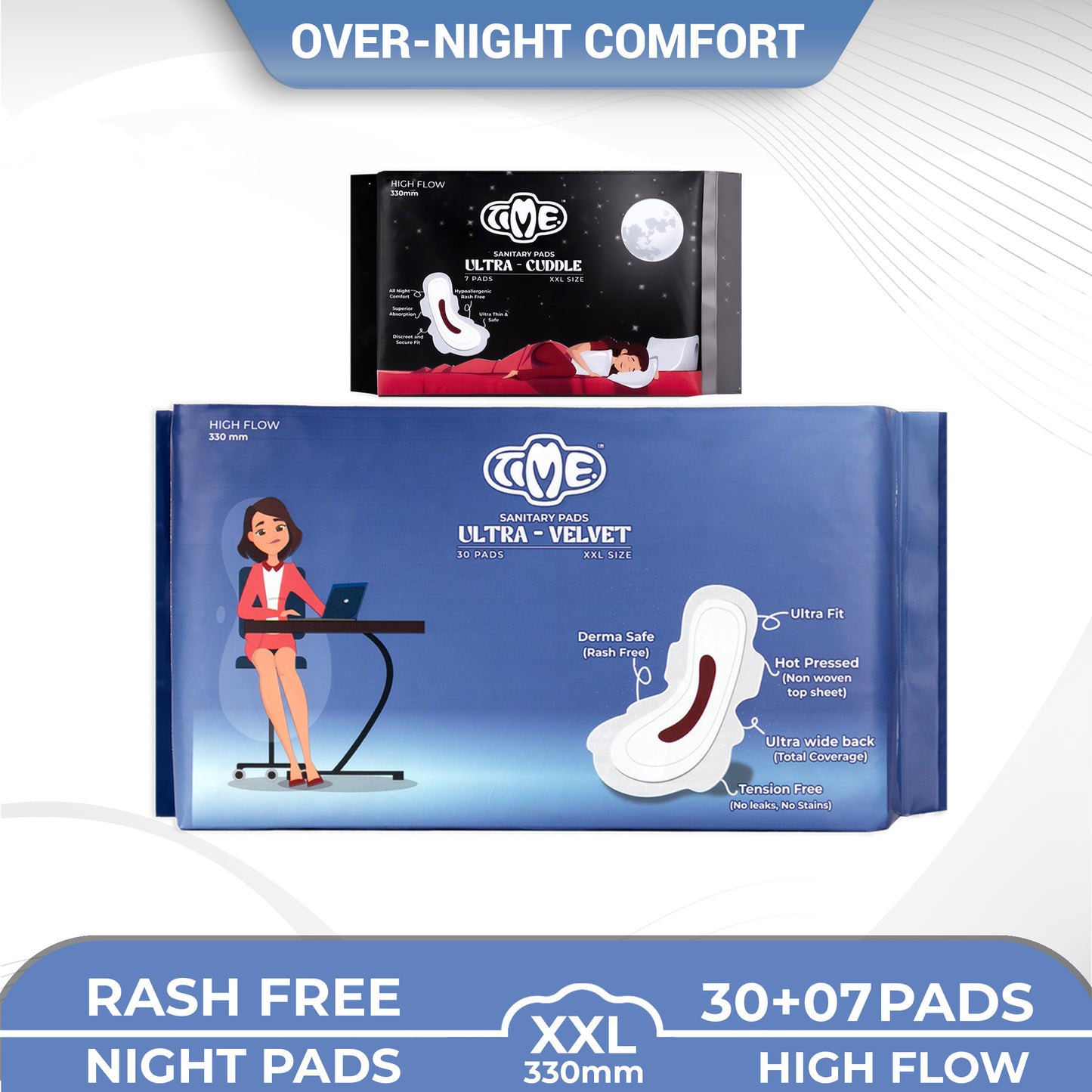 Time Ultra Velvet XXL + Ultra Cuddle XXL Sanitary Pads (1 pack each) | Cottony Top Sheet | Rash Free | All Night Comfort | Leak guard