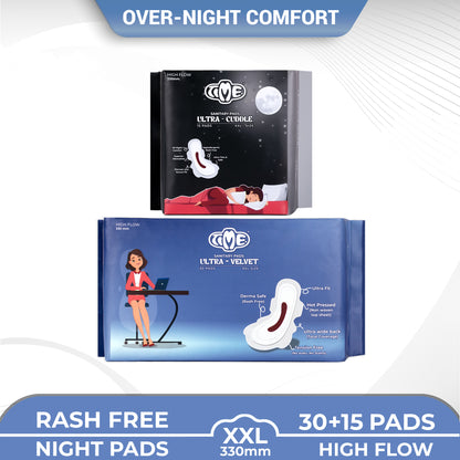 Time Ultra Velvet XXL + Ultra Cuddle XXL Sanitary Pads (1 pack each) | Cottony Top Sheet | Rash Free | All Night Comfort | Leak guard