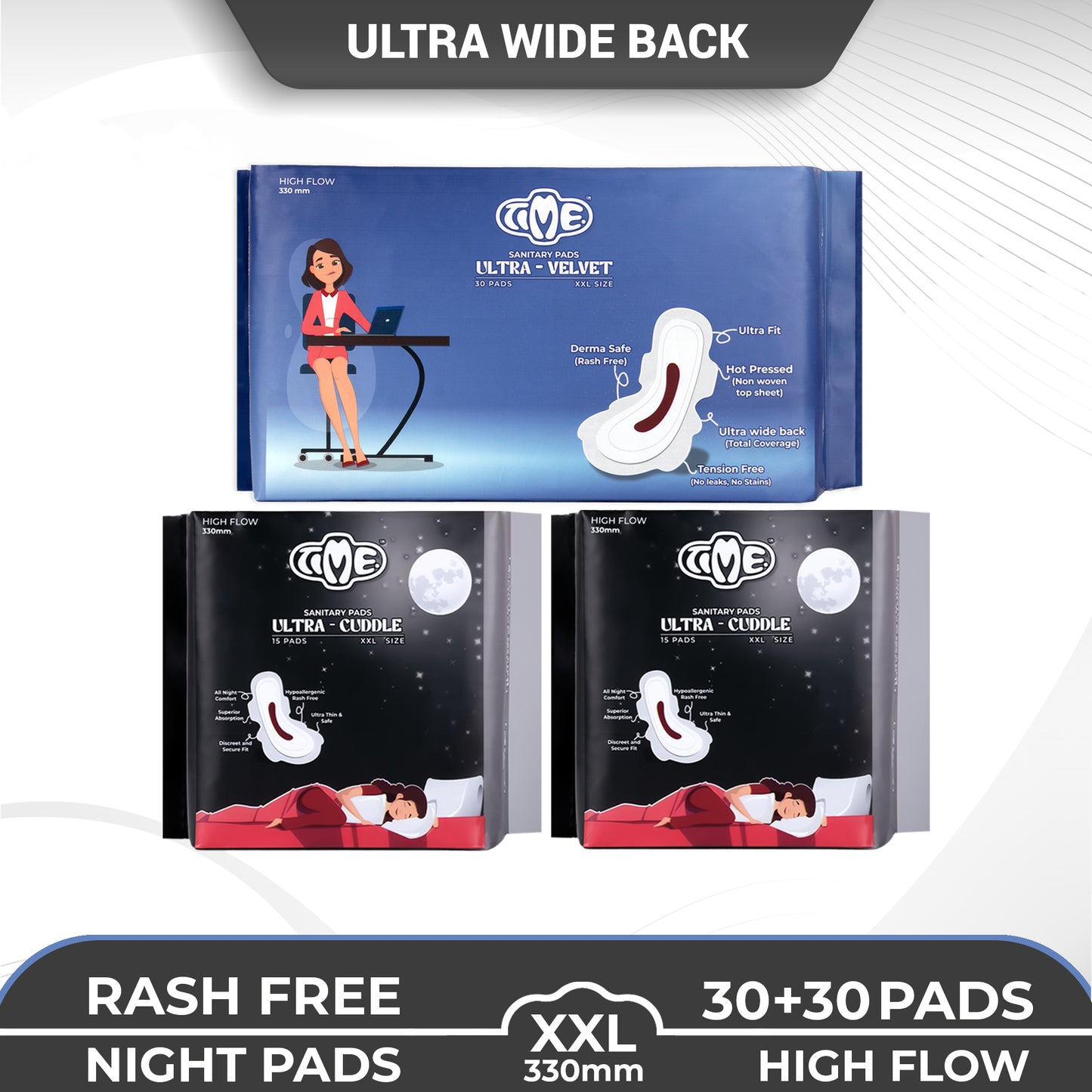 Time Ultra Velvet XXL + Ultra Cuddle XXL Sanitary Pads (Pack of3) | Cottony Top Sheet | Rash Free | All Night Comfort | Leak guard