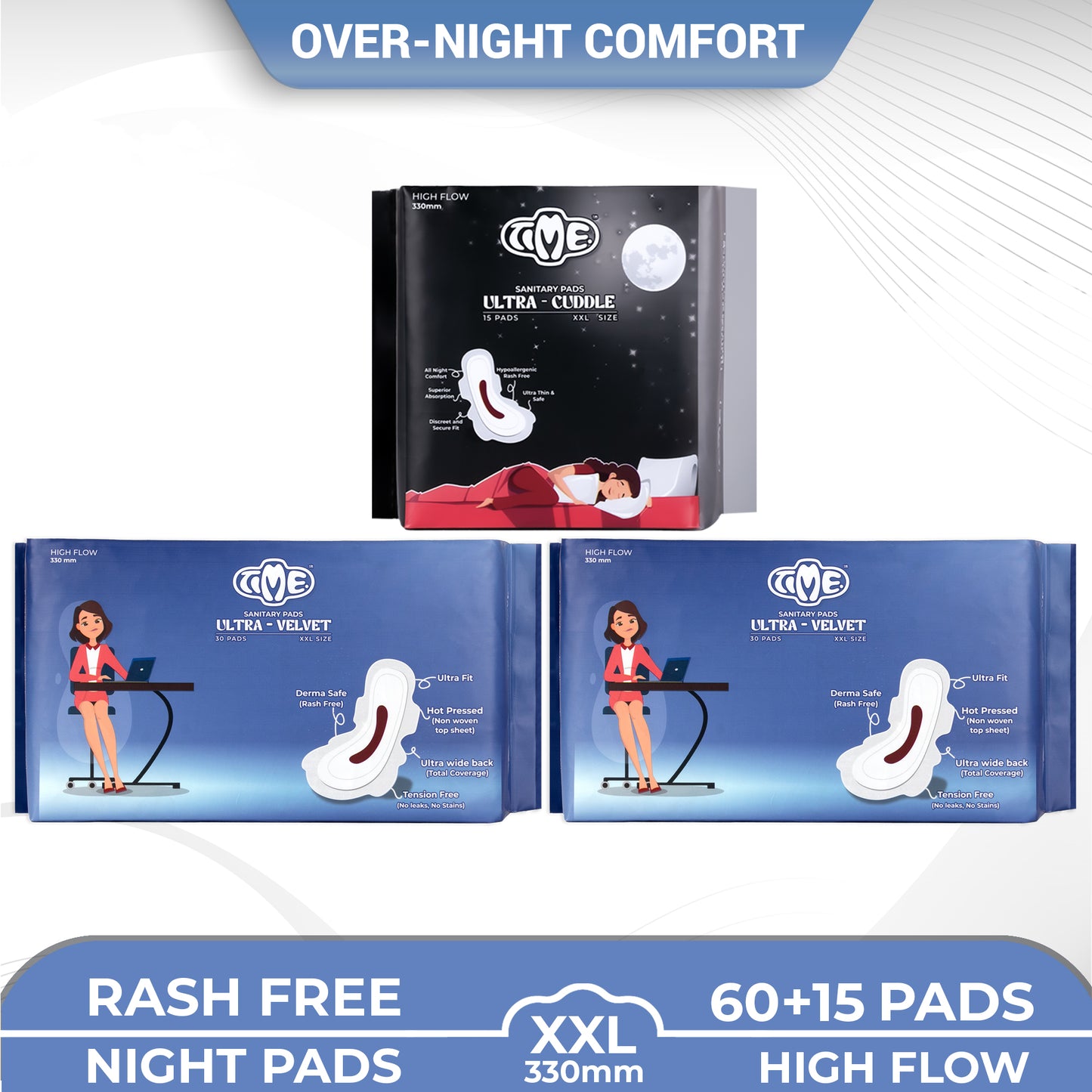 Time Ultra Velvet XXL + Ultra Cuddle XXL Sanitary Pads (Pack of 3) | Cottony Top Sheet | Rash Free | All Night Comfort | Leak guard