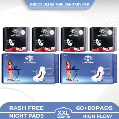 Time Ultra Velvet XXL + Ultra Cuddle XXL Sanitary Pads (Pack of 6) | Cottony Top Sheet | Rash Free | All Night Comfort | Leak guard