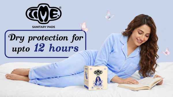 Woman relaxing with Time Ultra-Velvet Sanitary Pads offering dry protection for up to 12 hours